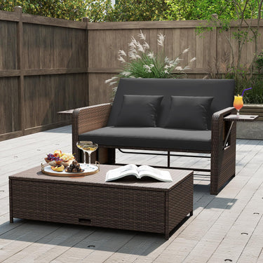 Patio Rattan Daybed, 2-Piece Loveseat & Storage Ottoman Set