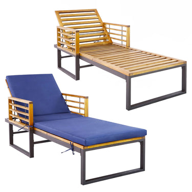 Acacia Wood Outdoor Chaise Lounger with Cushion, Adjustable Reclining Pool Lounger with Metal Frame - PatiojoyAU