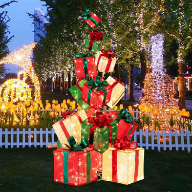 15 Pieces Staked Lighted Christmas Boxes with 450 Light Bulbs