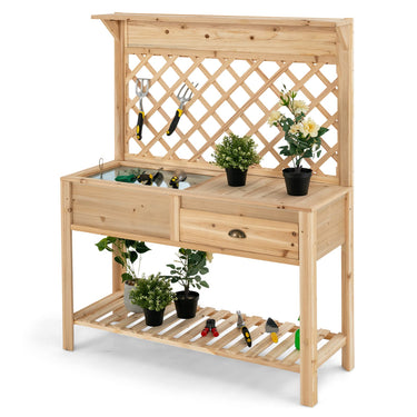 Wood Raised Garden Bed with Trellis, 57 cm x 38 cm x 17 cm Freestanding Elevated Planter Box with Open Storage Shelf and Drawer - PatiojoyAU