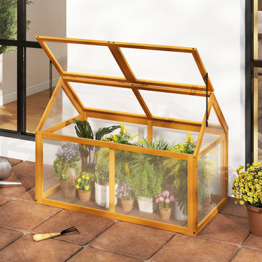 Wood Cold Frame Greenhouse, Portable Raised Flower Planter Protection with Transparent Panels