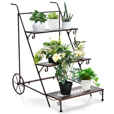 3-Tier Metal Plant Stand, Ladder Shaped Rolling Garden Cart w/Wheels & Handle - PatiojoyAU