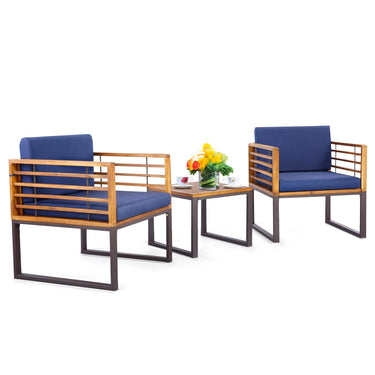 3 Pieces Acacia Wood Patio Bistro Set, Outdoor Conversation Set with Cushioned Armchairs and Square Coffee Table - PatiojoyAU