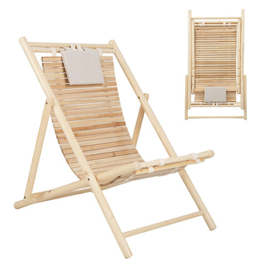 Outdoor Folding Sling Chair, Solid Fir Wood Lounge Chair with 3-Level Adjustable Backrest and Soft Padded Headrest - PatiojoyAU