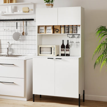 Kitchen Pantry Cabinet with Charging Station, 164 cm Tall Wine Bar Cabinet with Wine Glass Rack