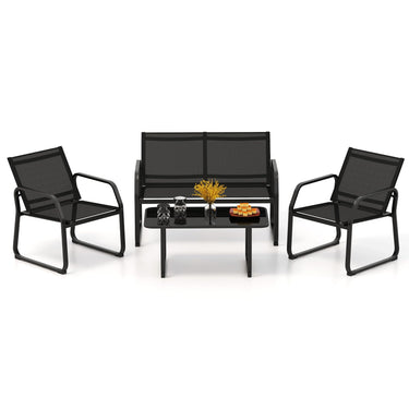 4 Piece Patio Conversation Set, Metal Chair & Table Set w/Breathable Fabric Seat, Tempered Glass Tabletop - PatiojoyAU