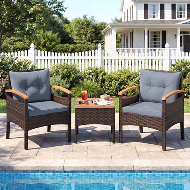 3 Pieces Patio Bistro Set, Wicker Armchairs & Side Table Set