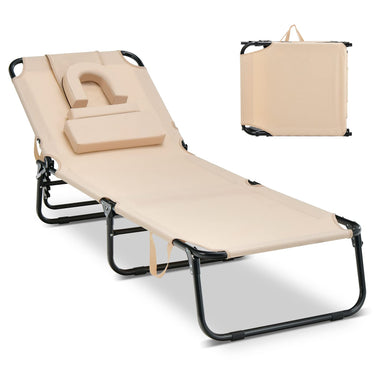 Face Down Tanning Chair, Beach Lounge Chair with 5-Level Adjustable Backrest & 3 Removable Pillows - PatiojoyAU