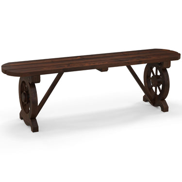 Patio Rustic Wood Bench, Carbonized Wood Long Bench w/Wagon Wheel Base - PatiojoyAU