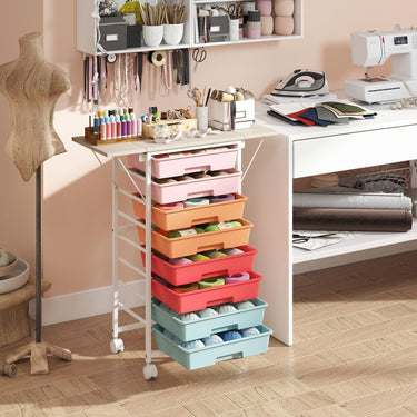 Rolling Cart with 8 Drawers and Foldable Side Panels