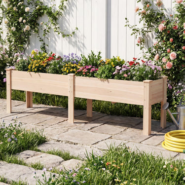 240 x 44 CM Fir Wood Raised Garden Bed with Legs, Drainage Holes for Vegetables Flowers Herbs