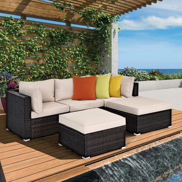 5PCS Patio Rattan Furniture Set Sectional Conversation Set Ottoman Table Beige