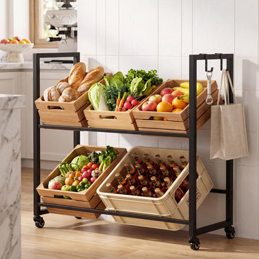 2-Tier Drink Crate Rack, Rolling Bottle Crate Shelf with 4 Universal Wheels, 2 Hooks, 2 Tilt Angles for Beer