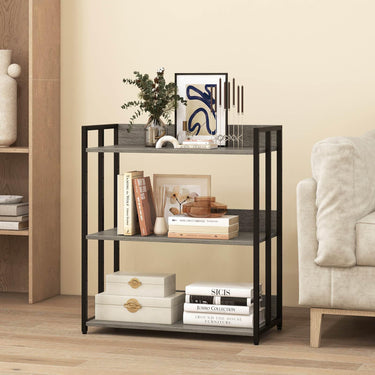 Industrial Corner Bookcase with Adjustable Shelves and Metal Frame