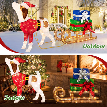 170 Warm Bright Lights Outdoor Pre-lit Xmas Dog and Sleigh and Gift Boxes Combo