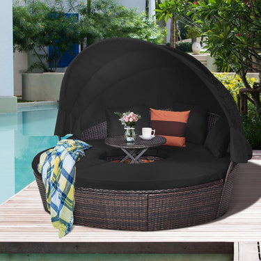 Patio Rattan Round Daybed with Retractable Canopy