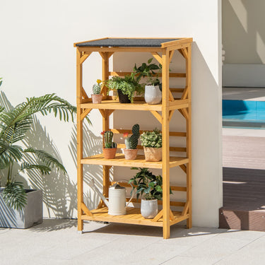 3-Tier Plant Stand, Outdoor Storage Shelf, Wooden Storage Rack with Weatherproof Asphalt Roof - PatiojoyAU