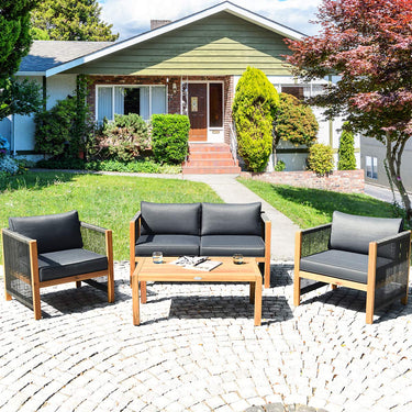 4PCS Acacia Wood Outdoor Patio Furniture Set Cushioned Sofa W/Nylon Rope Armrest