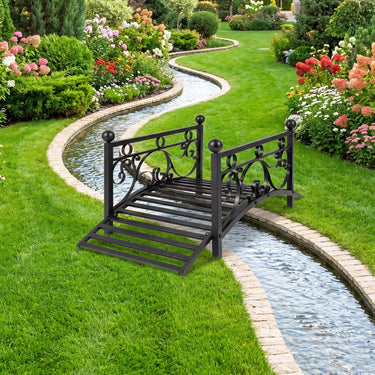 Garden Metal Bridge with Handrails, Outdoor Arched Bridge w/Dual Patterned Side Rails