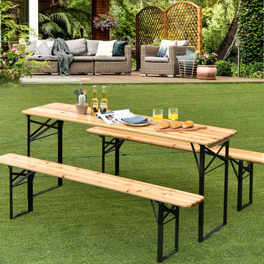 3PCS Outdoor Folding Picnic Table Bench Set, Portable Patio Dining Table Set with Wooden Top & Steel Frame - PatiojoyAU