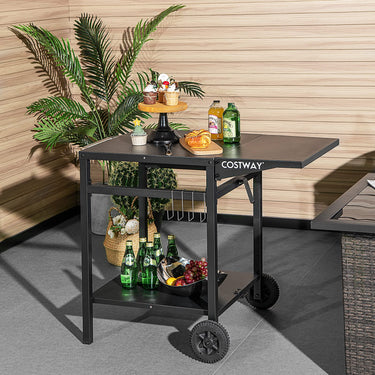 Movable Dining Cart Table Double-Shelf Trolley with Folding Tabletop
