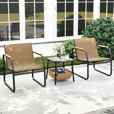 3-Piece Bistro Set, Patio Chairs & Side Table w/Storage Basket, Breathable Mesh Fabric