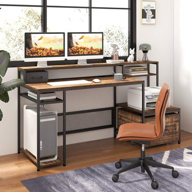 170 CM Computer Desk with Monitor Stand and File Drawer