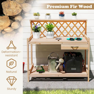 Garden Potting Bench Table, Wooden Planting Workstation w/Lattice Trellis