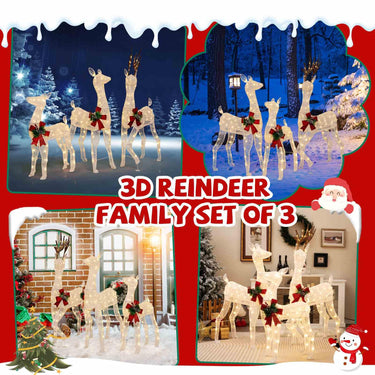 3D Lighted Christmas Reindeer Family Decoration Set of 3 with 230 Warm Color LED Lights
