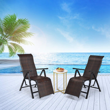 2Pcs Folding Reclining Rattan Chair, Portable Chaise Lounge Chair w/Adjustable Positions