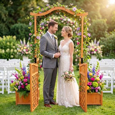Garden Arbor with Gate and 2 Planter Boxes, 210cm Wooden Garden Arch
