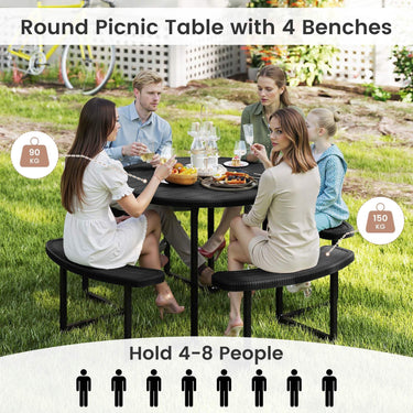 Round Picnic Table Bench Set Outdoor Circular Picnic Table with 4 Benches