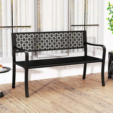 2-3-Person Patio Bench Outdoor Metal Garden Bench with Patterned Backrest and Curved Armrests