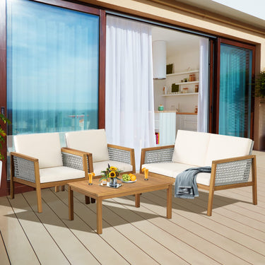 4-Piece Patio Acacia Wood Furniture Set, Outdoor PE Rattan Conversation Set with Removable Cushions
