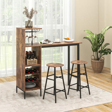 3PCS Bar Table and Chair Set, Industrial Pub Table and Stools with Wine Glass Holders