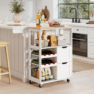 Rolling Kitchen Island Cart with Rubber Wood Top and 2-Tier Wine Rack