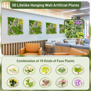 2 Pack Square Framed Artificial Foliage Wall Art, 50 x 50 cm 3D Hanging Succulents - PatiojoyAU