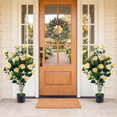 Artificial Camellia Tree, Faux Flower Plant Tree in Cement-Filled Pot