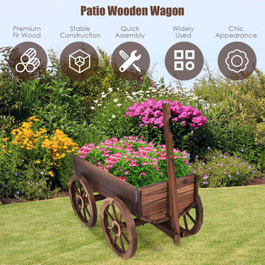 Multifunctional Flower Cart Made of Anti-Corrosion Wood, Flower Wheelbarrow w/ 4 Wheels - PatiojoyAU