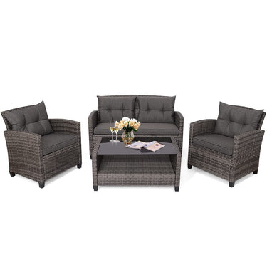Outdoor Conversation Rattan Sofa Chair Set with Padded Cushion & Tempered Glass Coffee Table