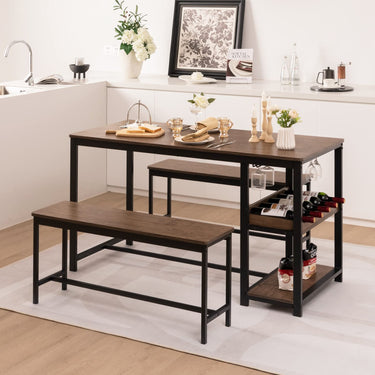 4-Person 3 Pieces Dining Table Set with 2 Benches and Wine Rack