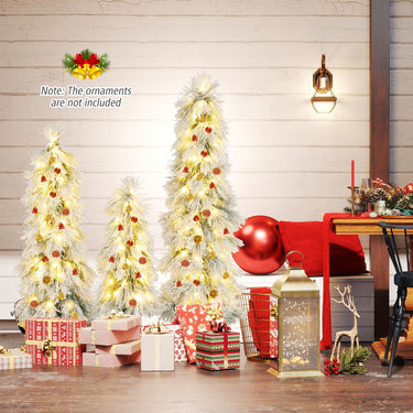 90&120&150 cm Artificial Christmas Tree Set of 3, Pre-lit Xmas Trees w/Snow-Flocked Branch Tips