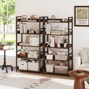 5-Tier Tall Industrial Bookshelf with Open Shelves and 4 Hooks