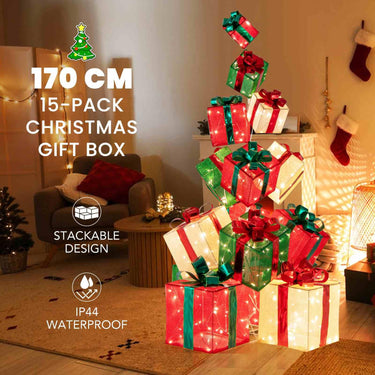 15 Pieces Staked Lighted Christmas Boxes with 450 Light Bulbs