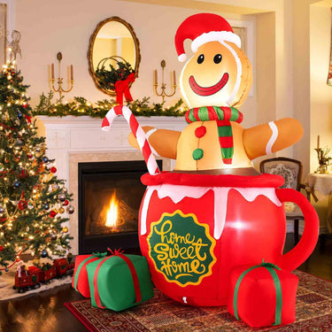 210CM Inflatable Gingerbread Man in Hot Cocoa Mug with LED Lights