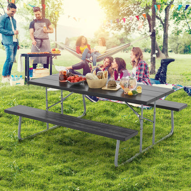 Folding Picnic Table with 2 Benches, 1.8m Camping Table Set w/Metal Frame & All-Weather HDPE Tabletop - PatiojoyAU