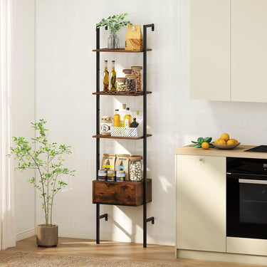 5-Tier Ladder Bookcase with Drawer Tall Wall-Mounted Bookshelf