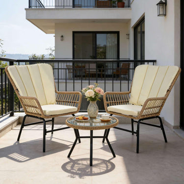 Outdoor PE Wicker Conversation Set with Cushions and Tempered Glass Coffee Table