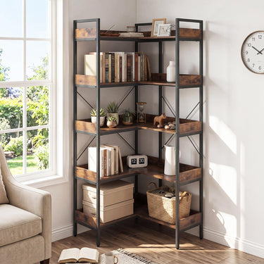 5-Tier Corner Bookshelf Convertible L-shaped Bookcase with Heavy-duty Metal Frame