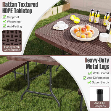 180cm Outdoor Portable Folding Table with HDPE Rattan-Like Tabletop